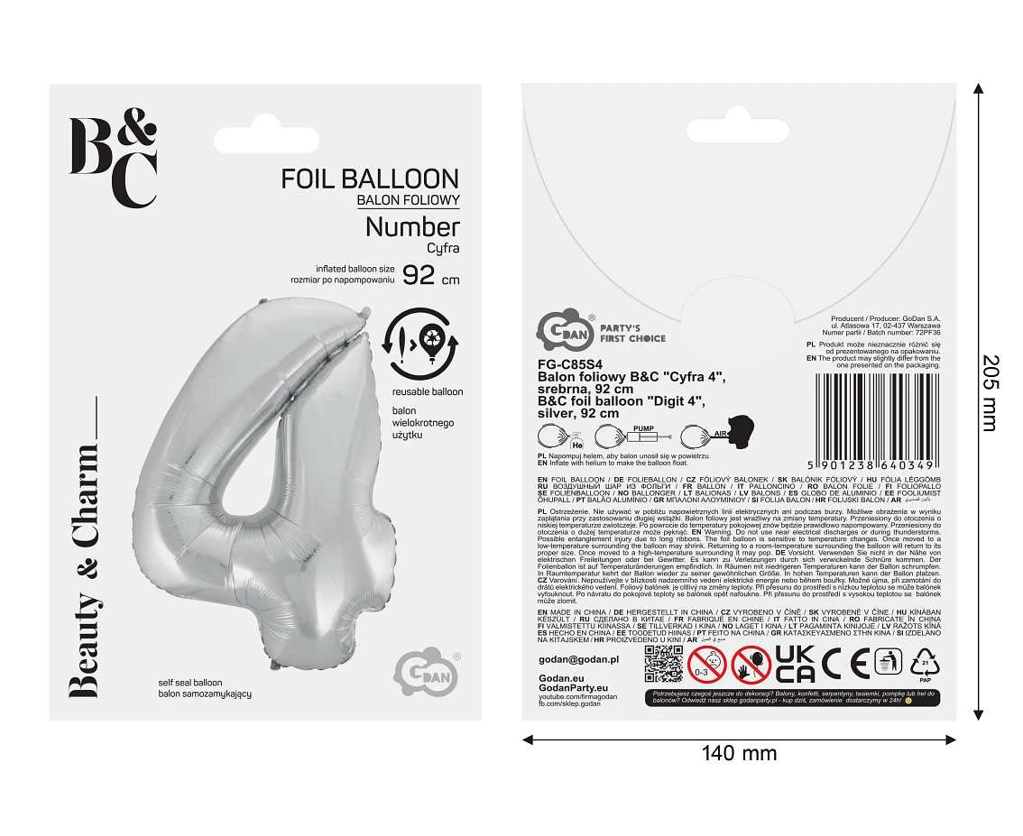 Balon foliowy B&C Cyfra 4, srebrna, 92 cm AA
